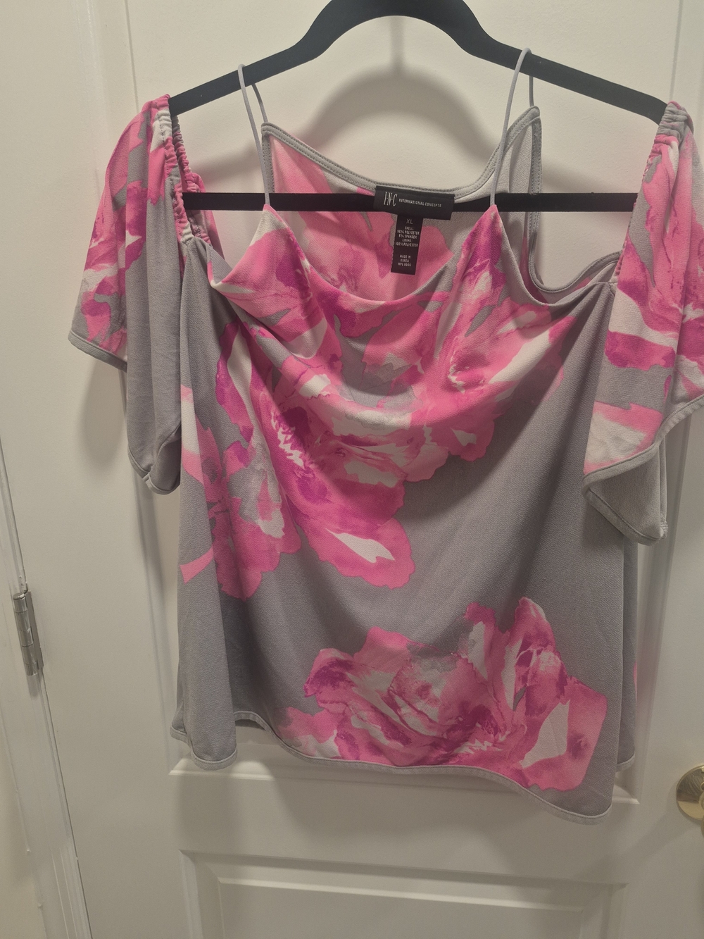 INC International Concepts Cold-Shoulder Camisole Gray with Pink Floral Print